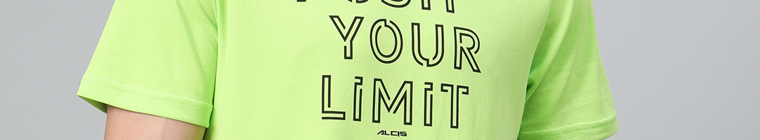 Buy Alcis Men Fluorescent Green & Black Printed Round Neck Sports T ...