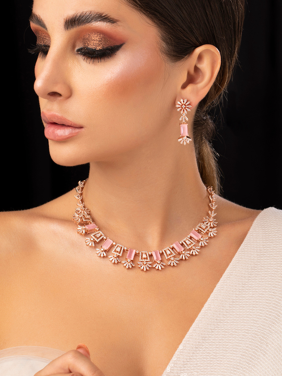 Women Rose Gold-Plated Red & White AD Studded Handcrafted Jewellery Set