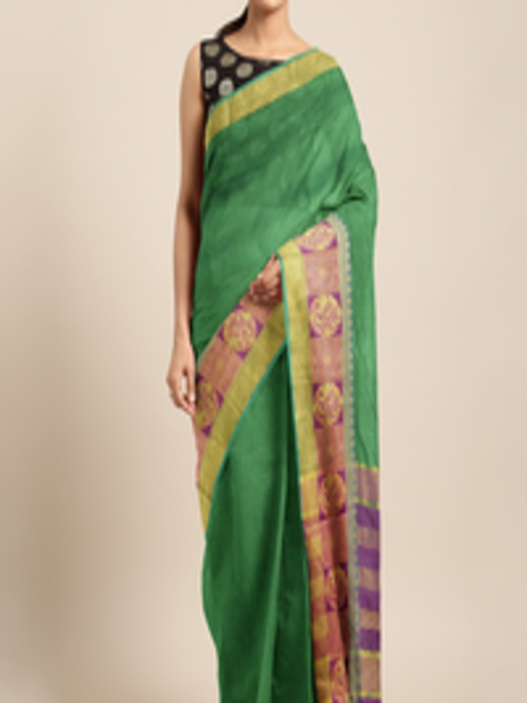 Buy Neerus Green & Purple Silk Cotton Solid Saree - Sarees for Women ...