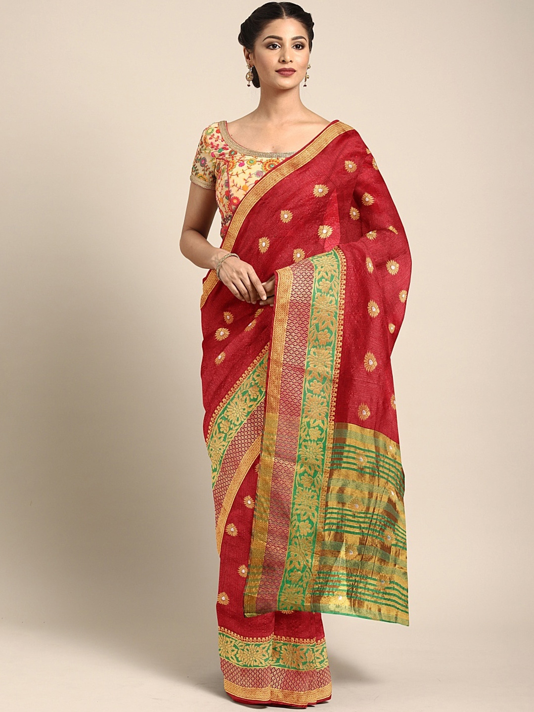 Buy Neerus Red & Green Silk Cotton Woven Design Saree - Sarees for ...