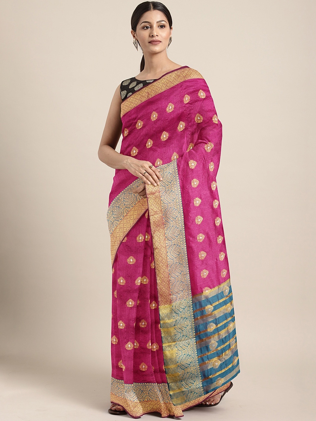 Buy Neerus Pink & Gold Toned Silk Cotton Woven Design Saree - Sarees ...