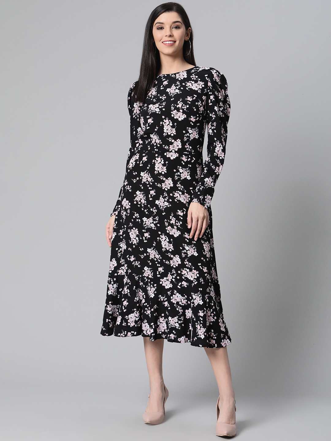 Buy Marks & Spencer Women Black & White Floral Print A Line Dress ...