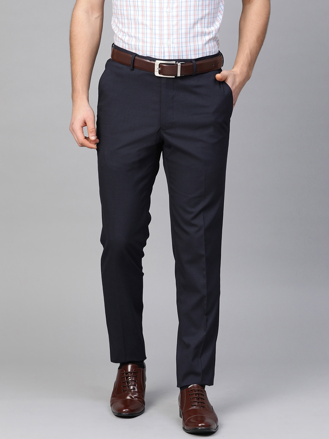 Buy Marks & Spencer Men Navy Blue Skinny Fit Solid Formal Trousers ...