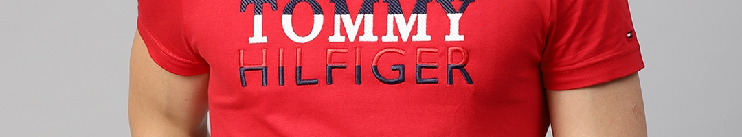 Buy Tommy Hilfiger Men Red Typography Embroidered Organic Cotton Round ...