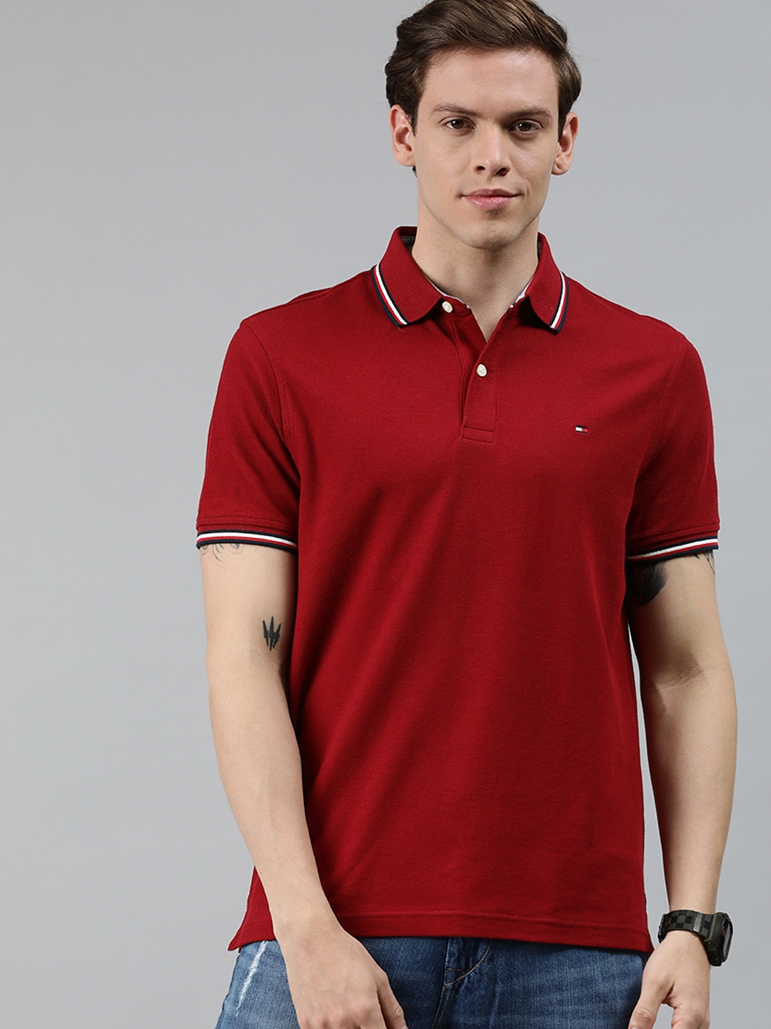 Buy Tommy Hilfiger Men Maroon Solid Polo Collar T Shirt - Tshirts for ...
