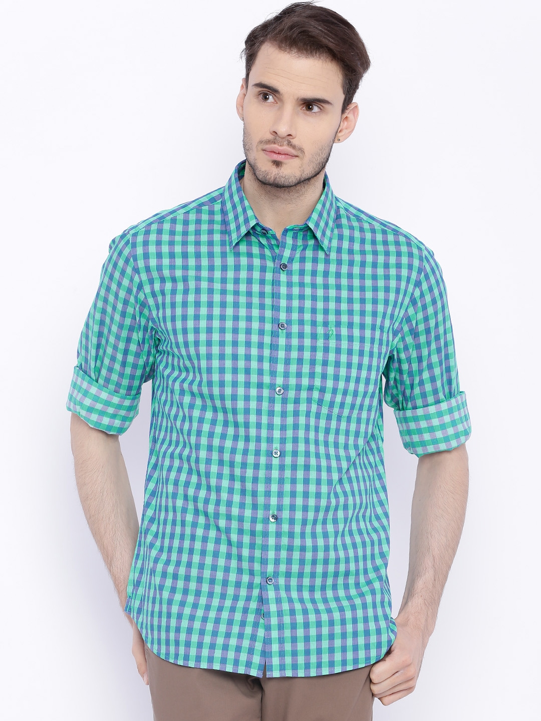 Buy Indian Terrain Blue & Green Checked Slim Fit Smart Casual Shirt ...