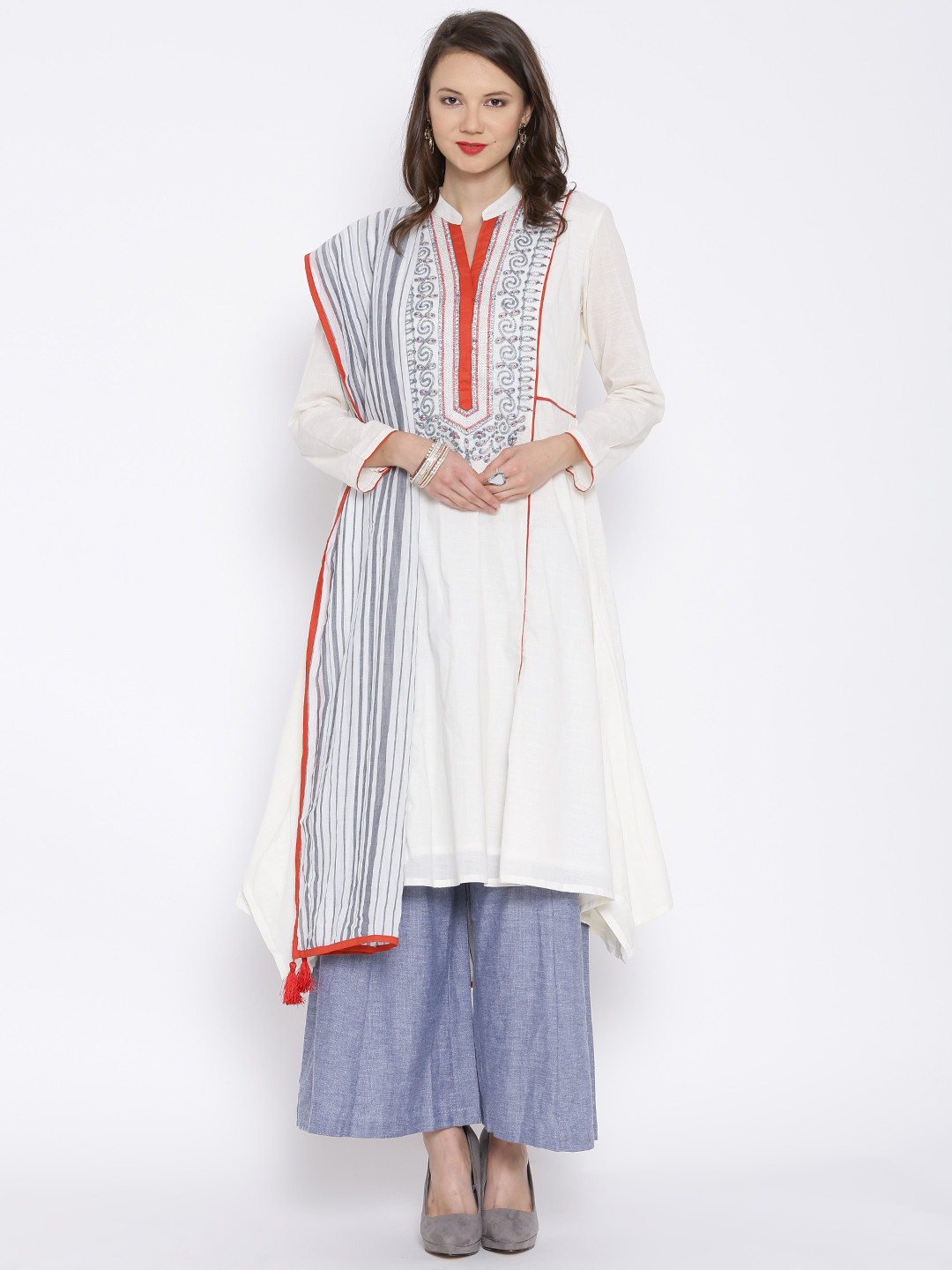 Buy BIBA Off White & Blue Embroidered A Line Kurta With Palazzo