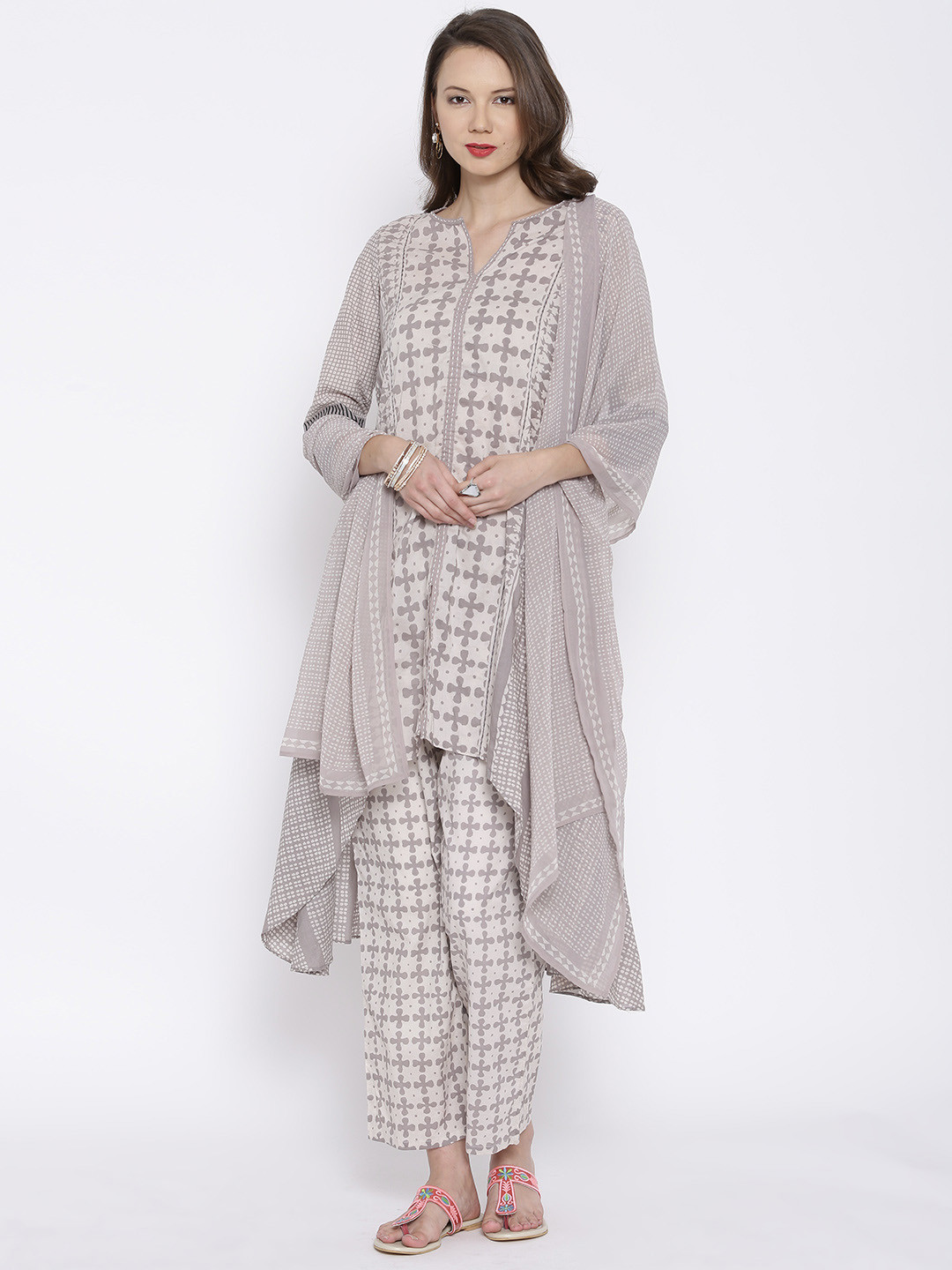 Buy BIBA Taupe & Grey Printed A Line Kurta With Palazzo Trousers