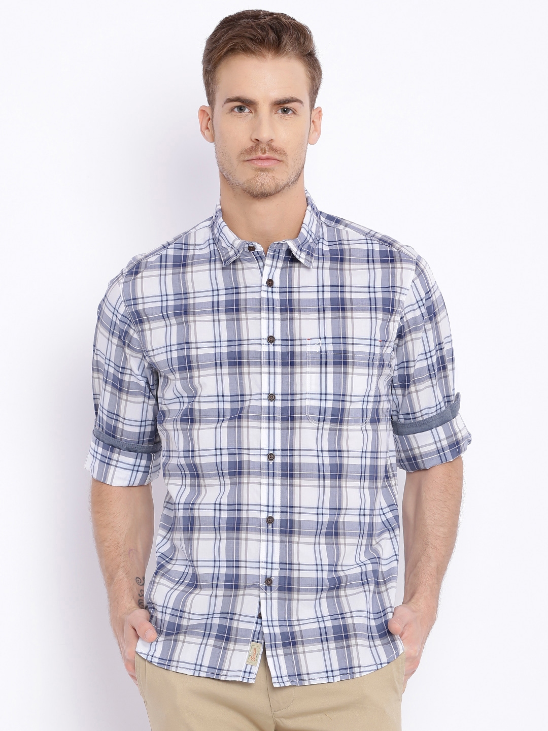 Buy Indian Terrain Blue & White Checked Slim Fit Casual Shirt - Shirts ...