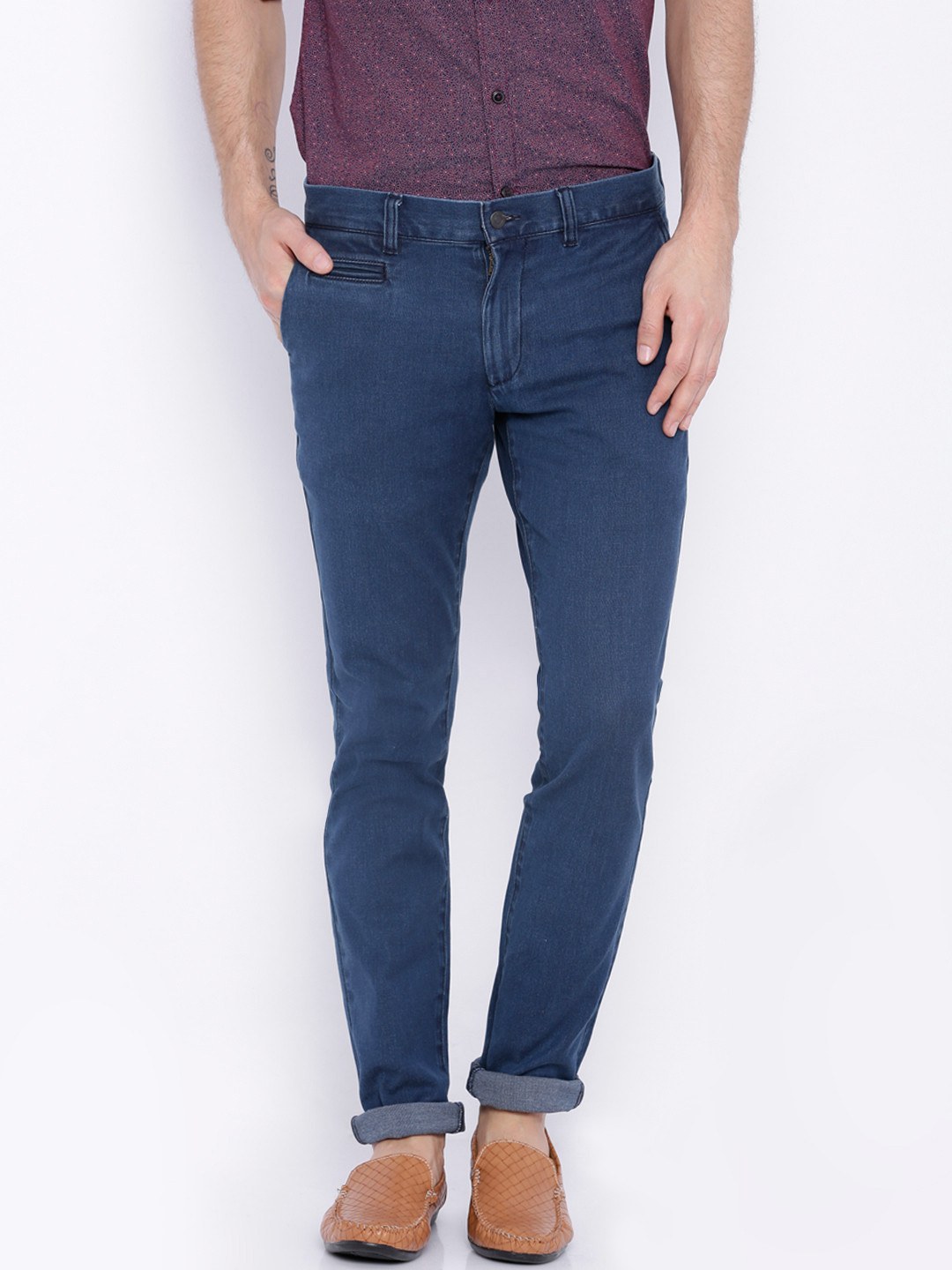 Buy Indian Terrain Blue Washed Kruger Slim Skinny Fit Trousers - Trousers for Men 1277371 | Myntra