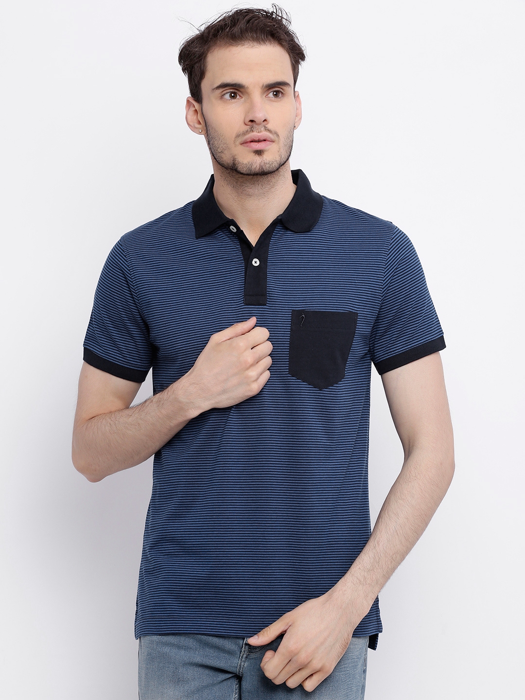 Buy Indian Terrain Blue Black Striped Polo Pure Cotton T Shirt ...