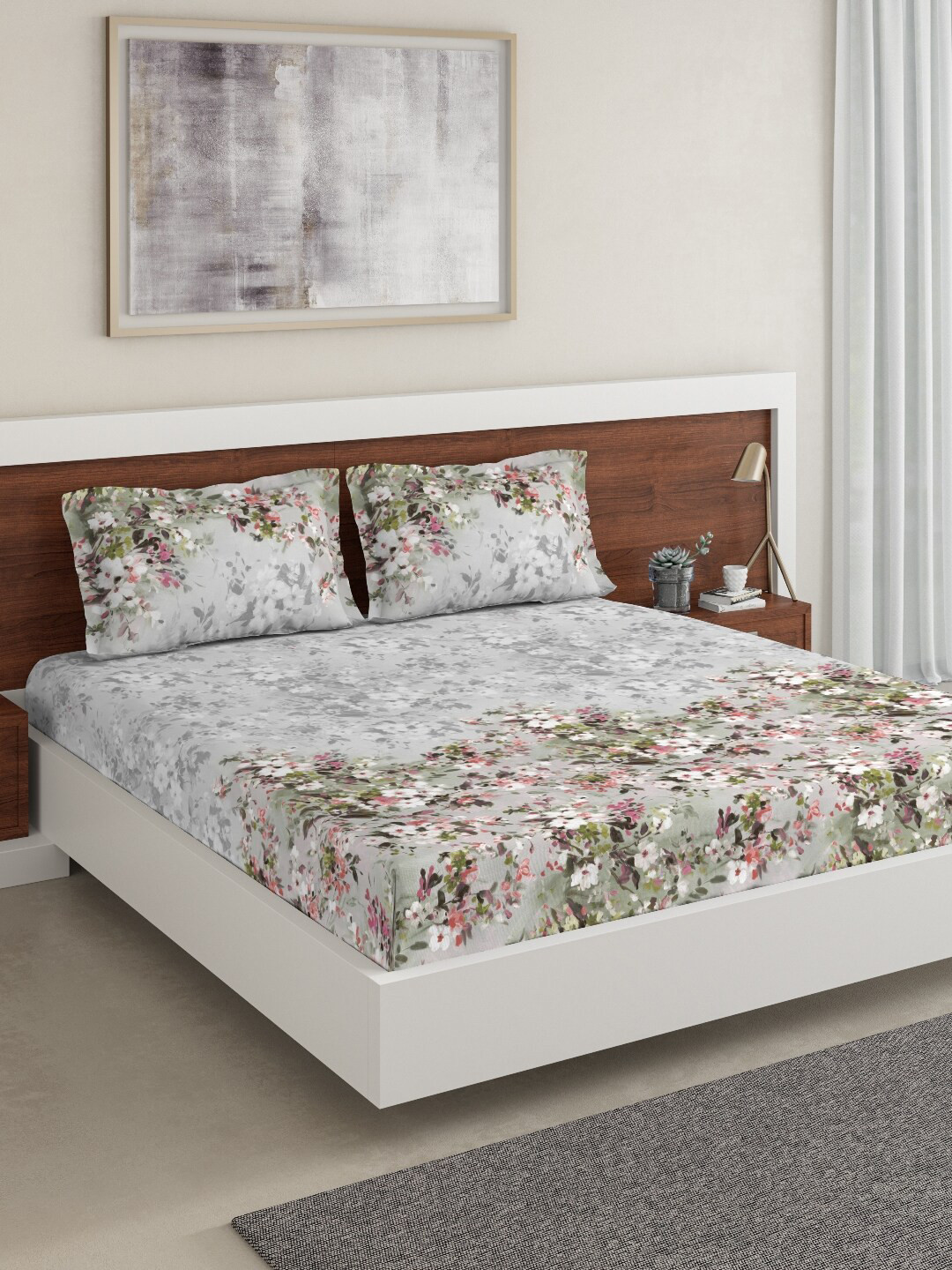 Buy DDecor Grey Floral 144 TC Cotton 1 King Bedsheet With 2 Pillow