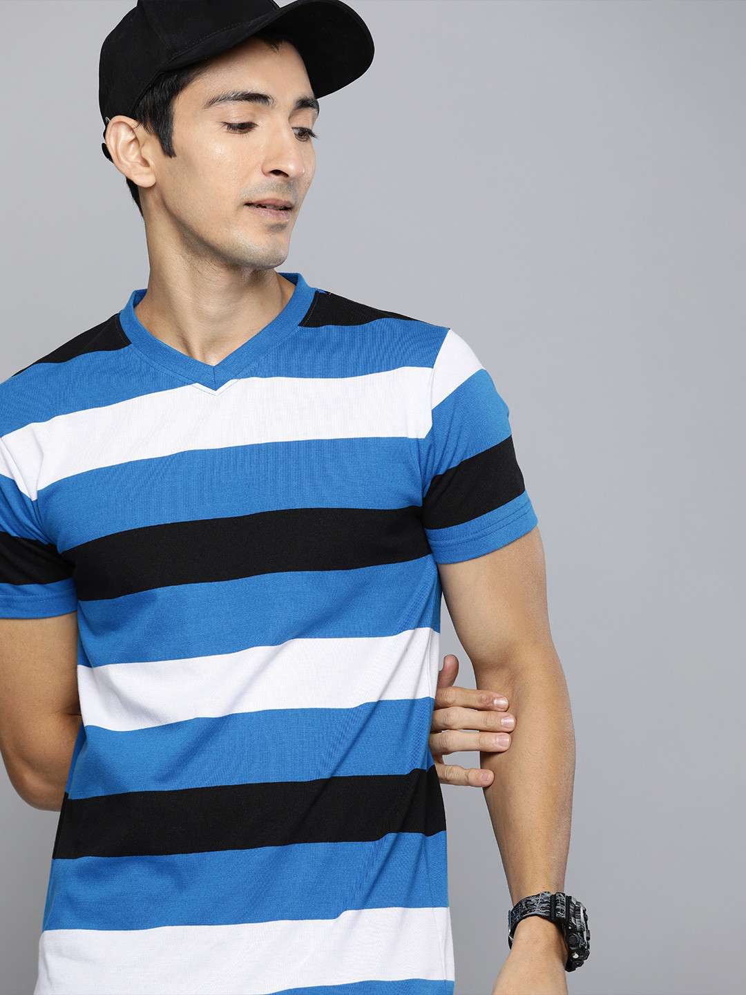 Buy HERE&NOW Men Blue & White Striped V Neck T Shirt Tshirts for Men