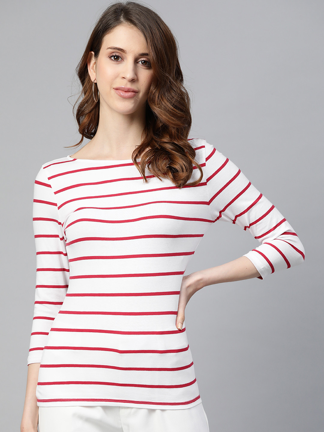 Buy Marks & Spencer Women White & Red Striped Boat Neck T Shirt