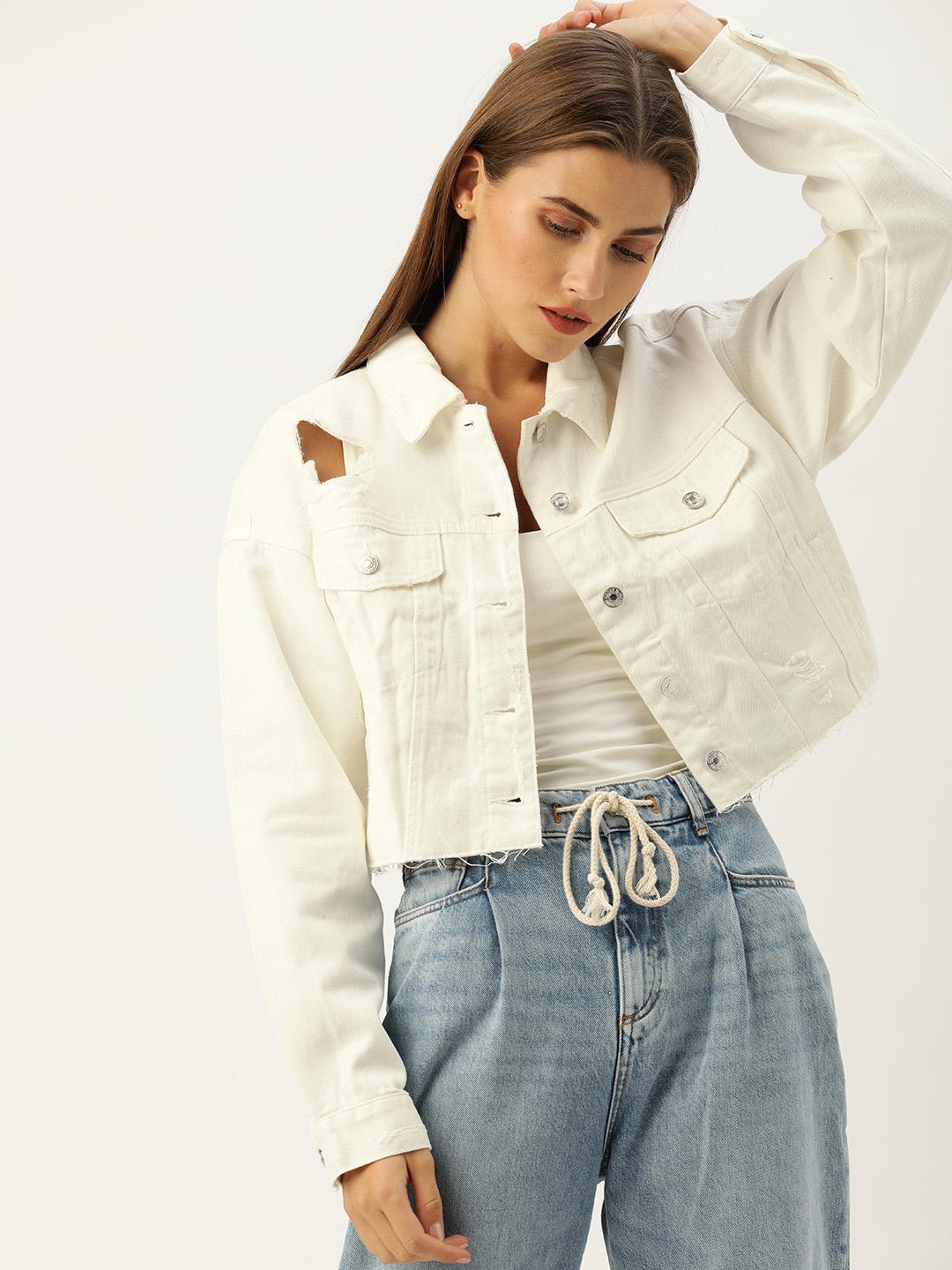 Buy FOREVER 21 Women White Solid Distressed Cropped Denim Jacket ...