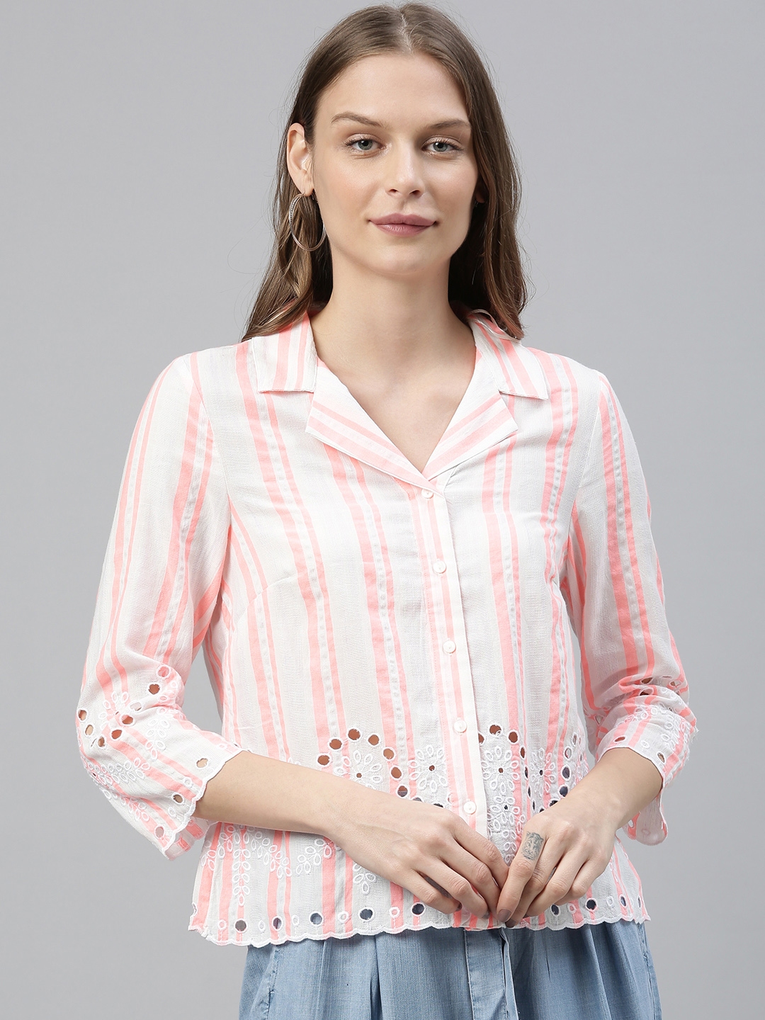 Buy Vero Moda Women White And Pink Regular Fit Striped Casual Shirt Shirts For Women 12799764