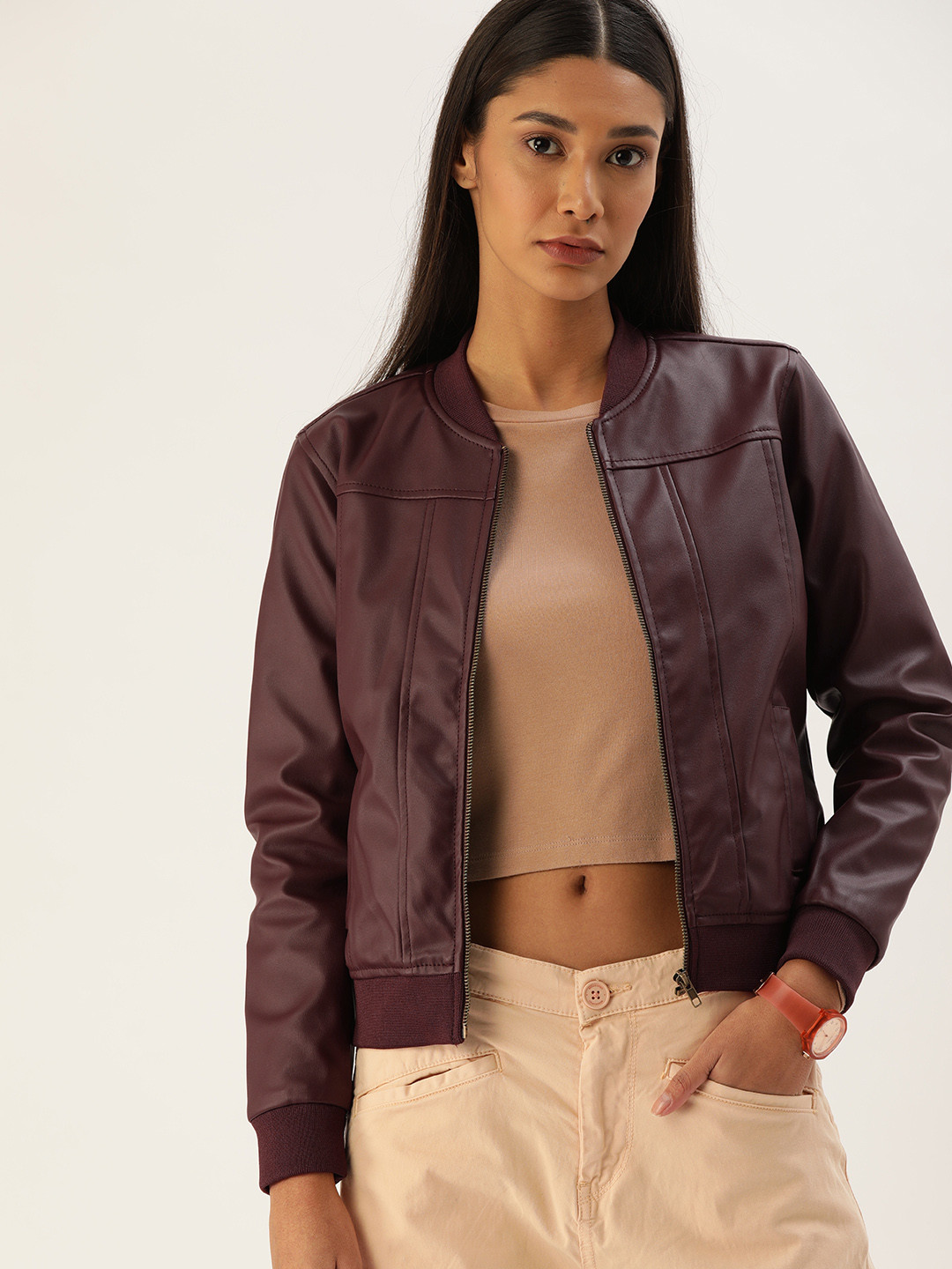 Buy Flying Machine Women Maroon Solid Lightweight Bomber Jacket