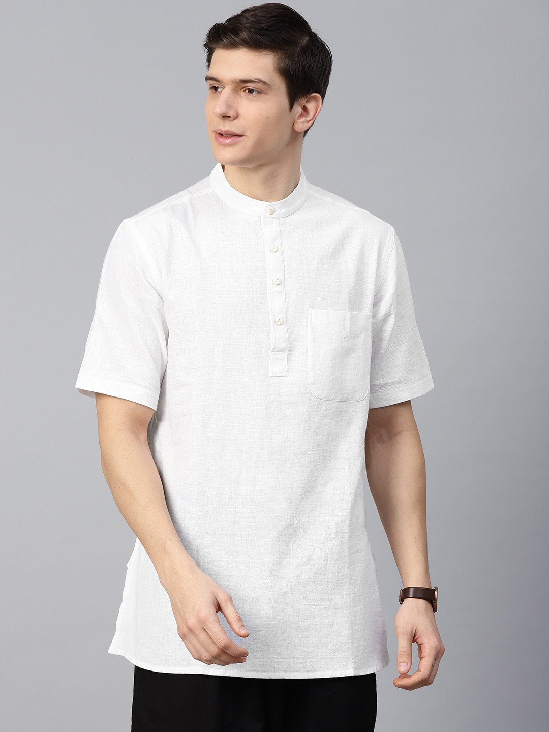 Men White Solid Straight Short Kurta