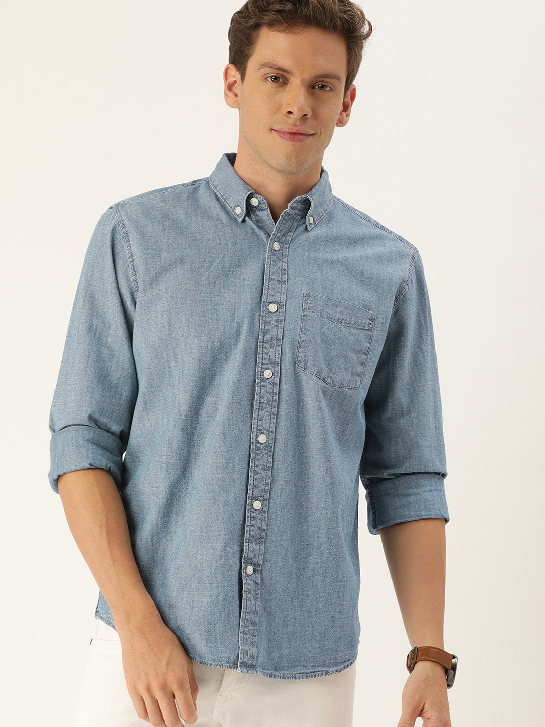 Buy GAP Men Blue New Untucked Fit Solid Casual Chambray Shirt Shirts