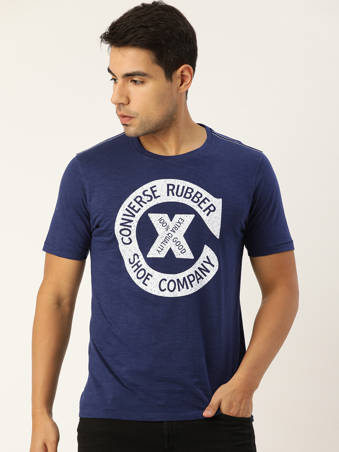 Buy Converse Men Navy Blue Printed Round Neck Pure Cotton T Shirt