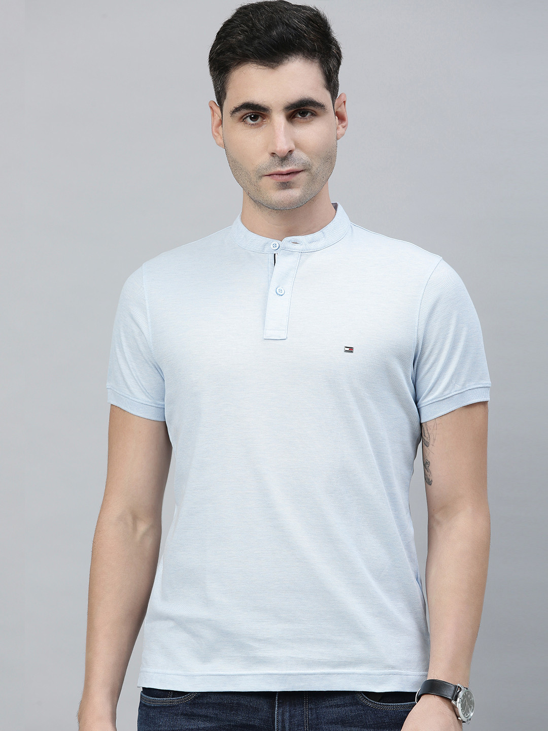 Buy Tommy Hilfiger Men Blue Solid Mandarin Collar Pure Cotton T Shirt