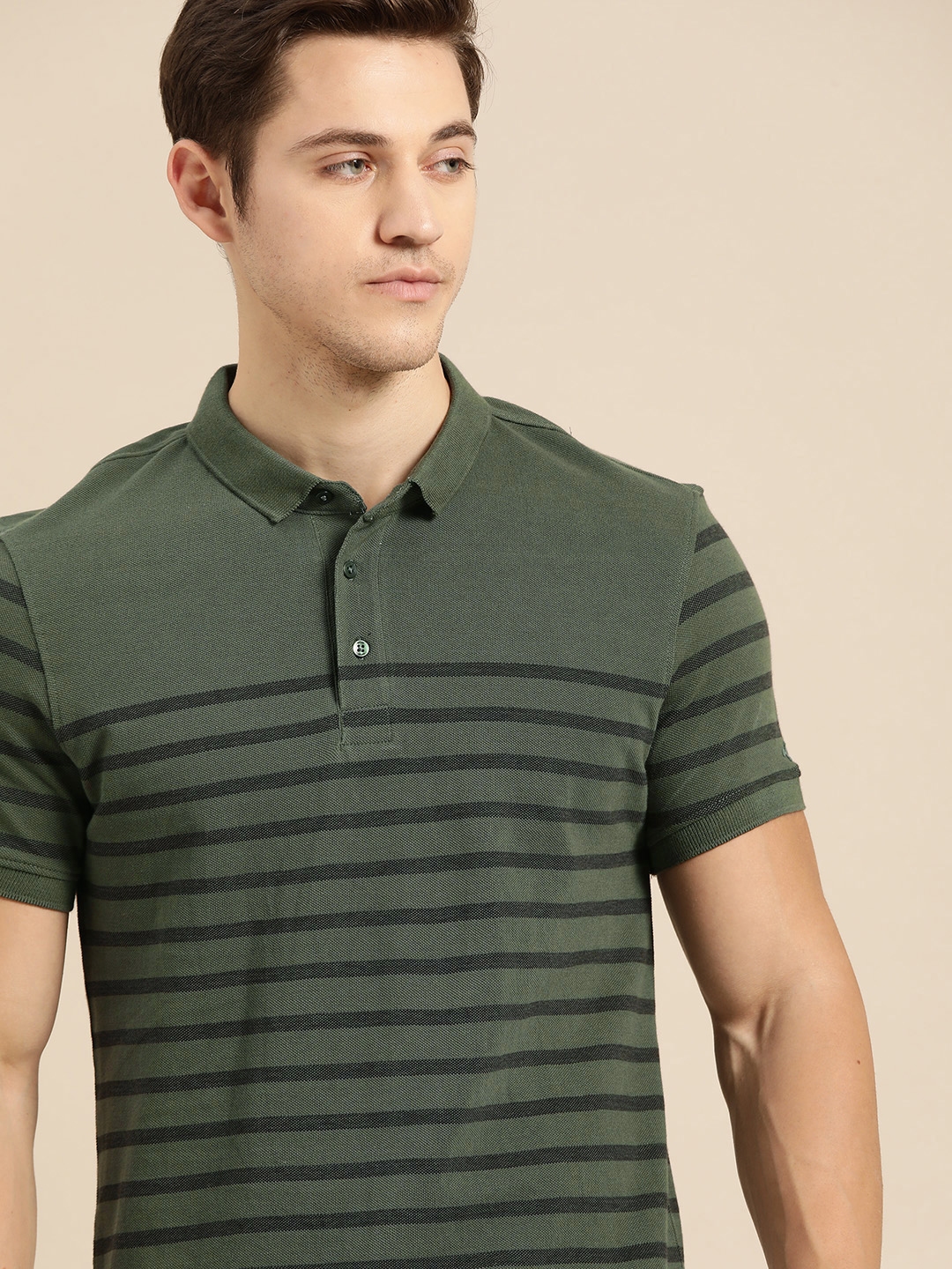 Buy Ether Men Olive Green & Black Pure Cotton Striped Polo Collar T ...