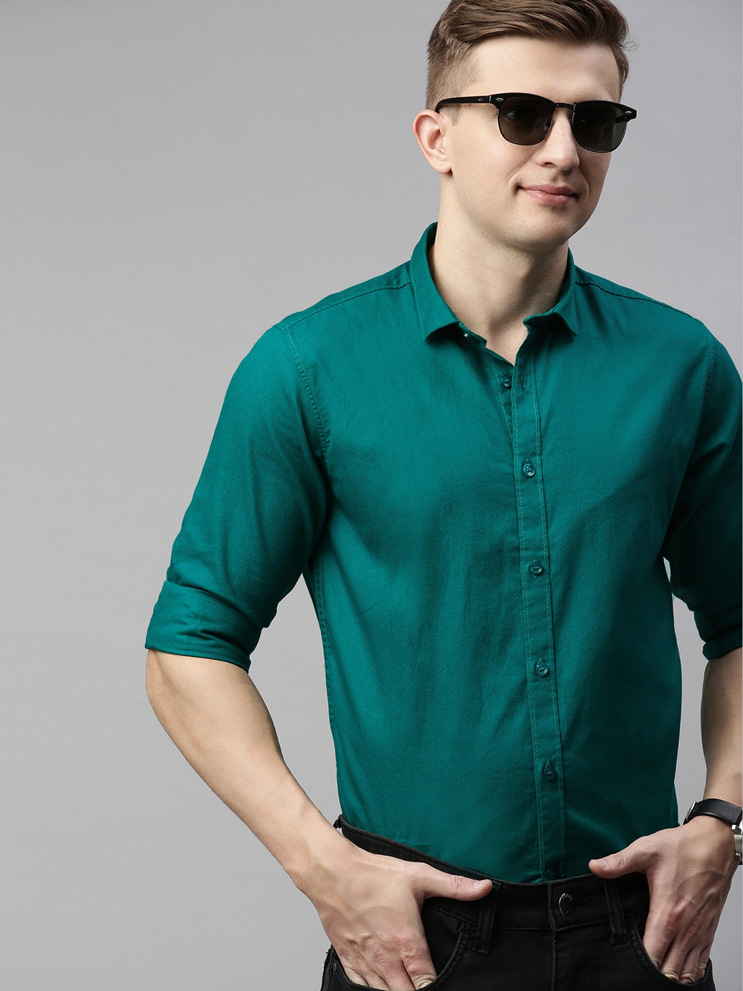 Buy Mast & Harbour Men Teal Green Regular Fit Solid Smart Casual Shirt ...