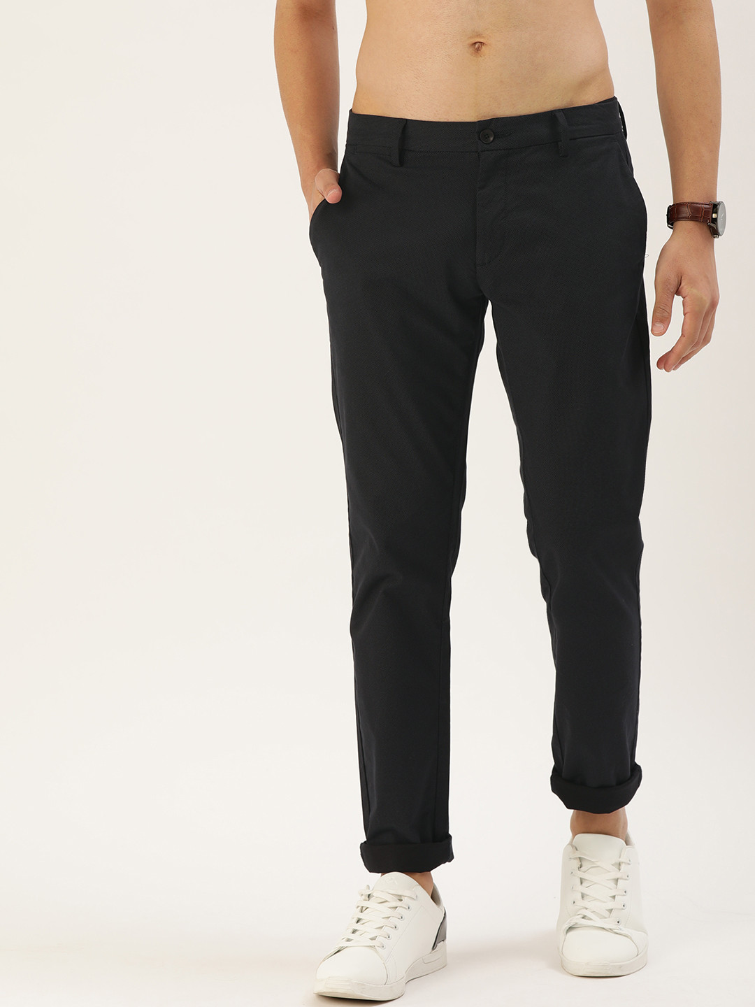 Buy Flying Machine Men Navy Blue Super Slim Fit Self Design Regular ...