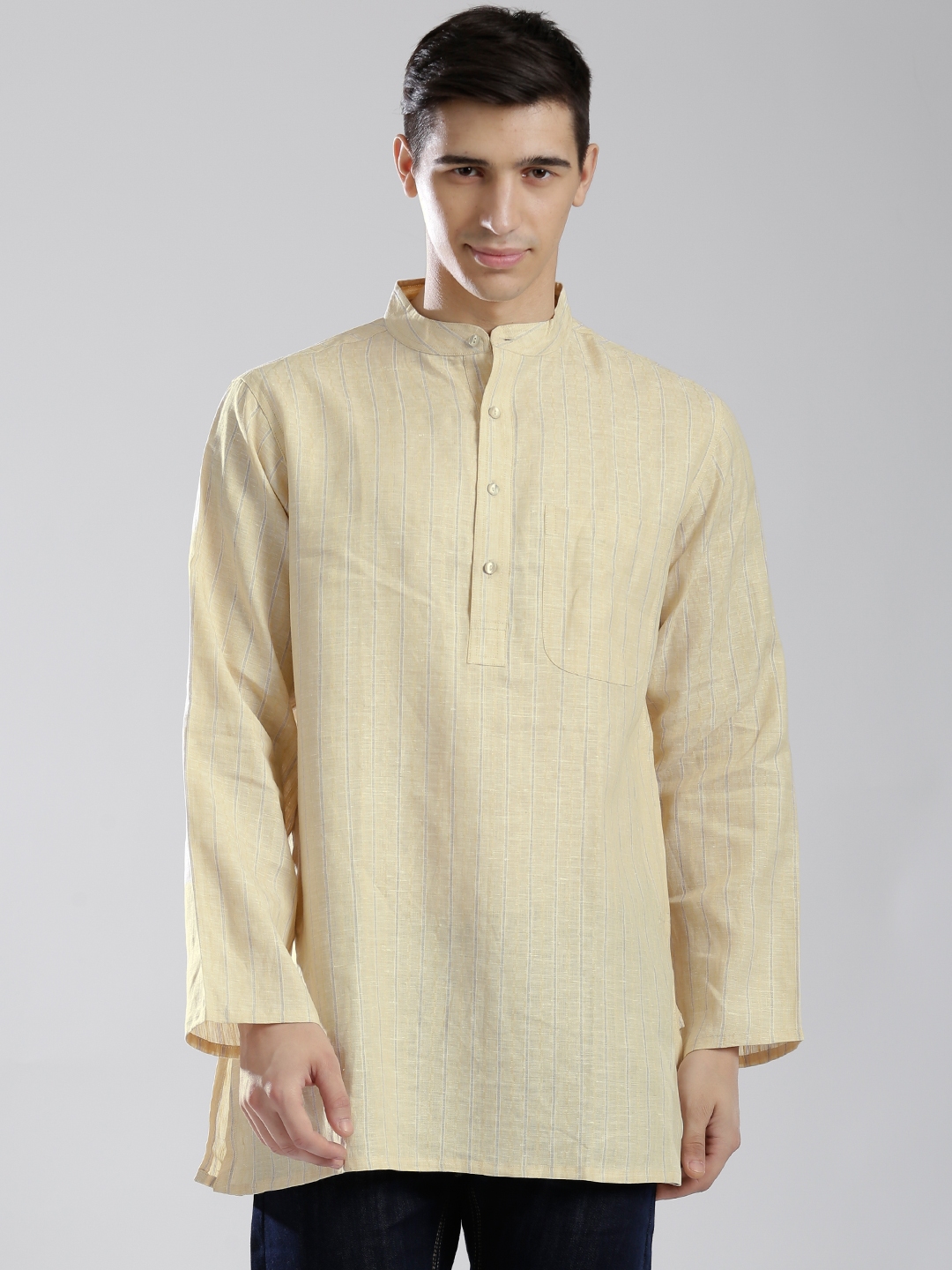 Buy Fabindia Yellow Linen Striped Short Kurta - Kurtas for Men 1282703 ...