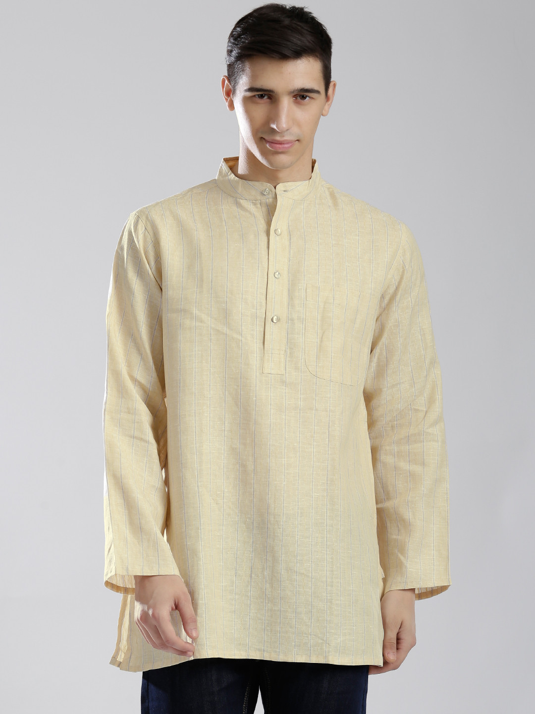 Buy Fabindia Yellow Linen Striped Short Kurta Kurtas for Men 1282703
