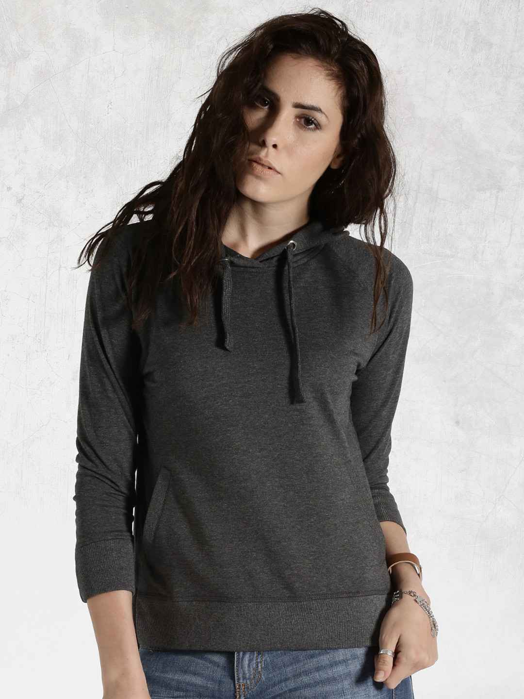 Buy Roadster Charcoal Grey Hooded Sweatshirt Sweatshirts for Women