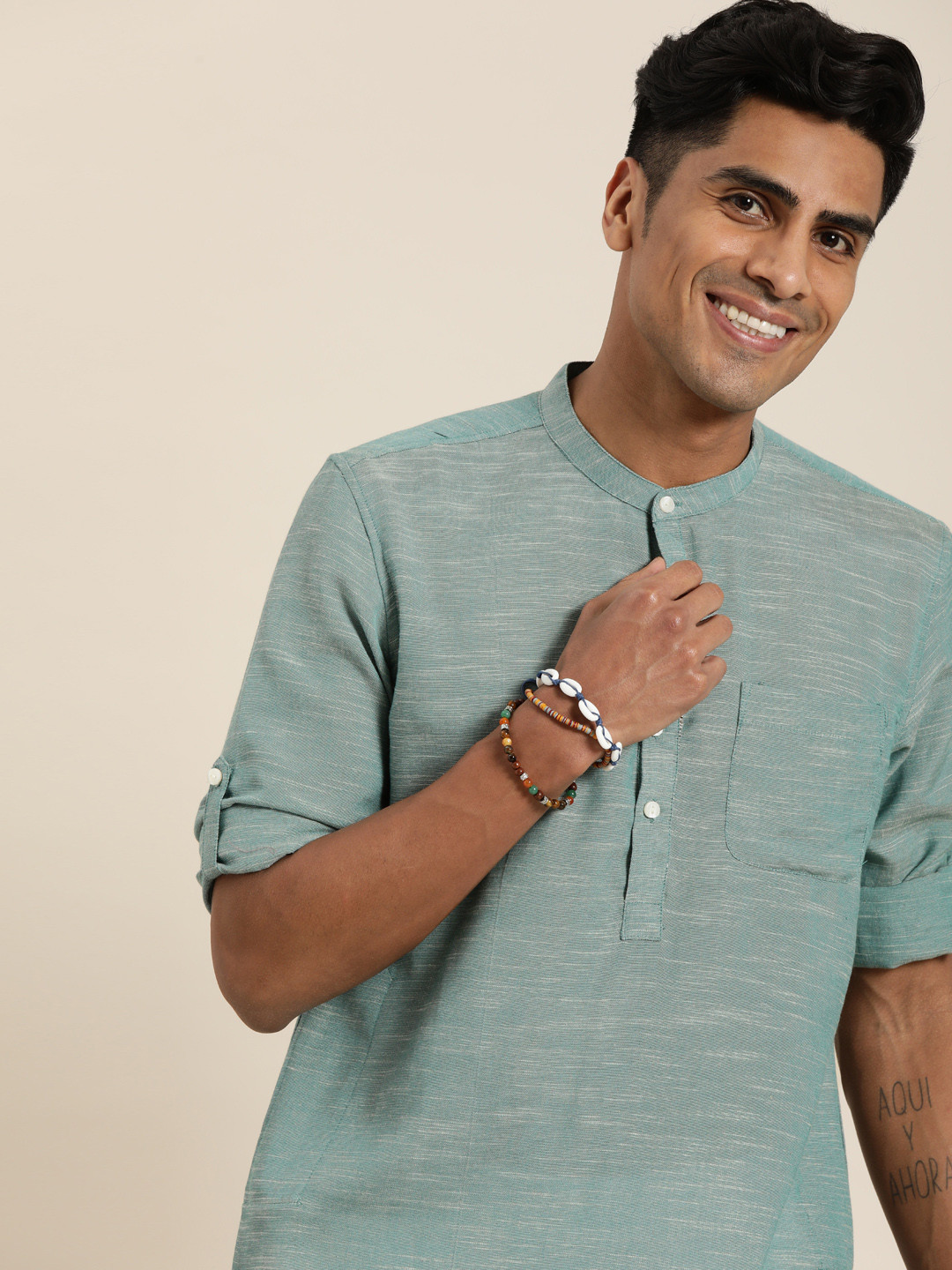 Buy Taavi Men Sea Green Solid Woven Legacy Straight Kurta With Roll Up