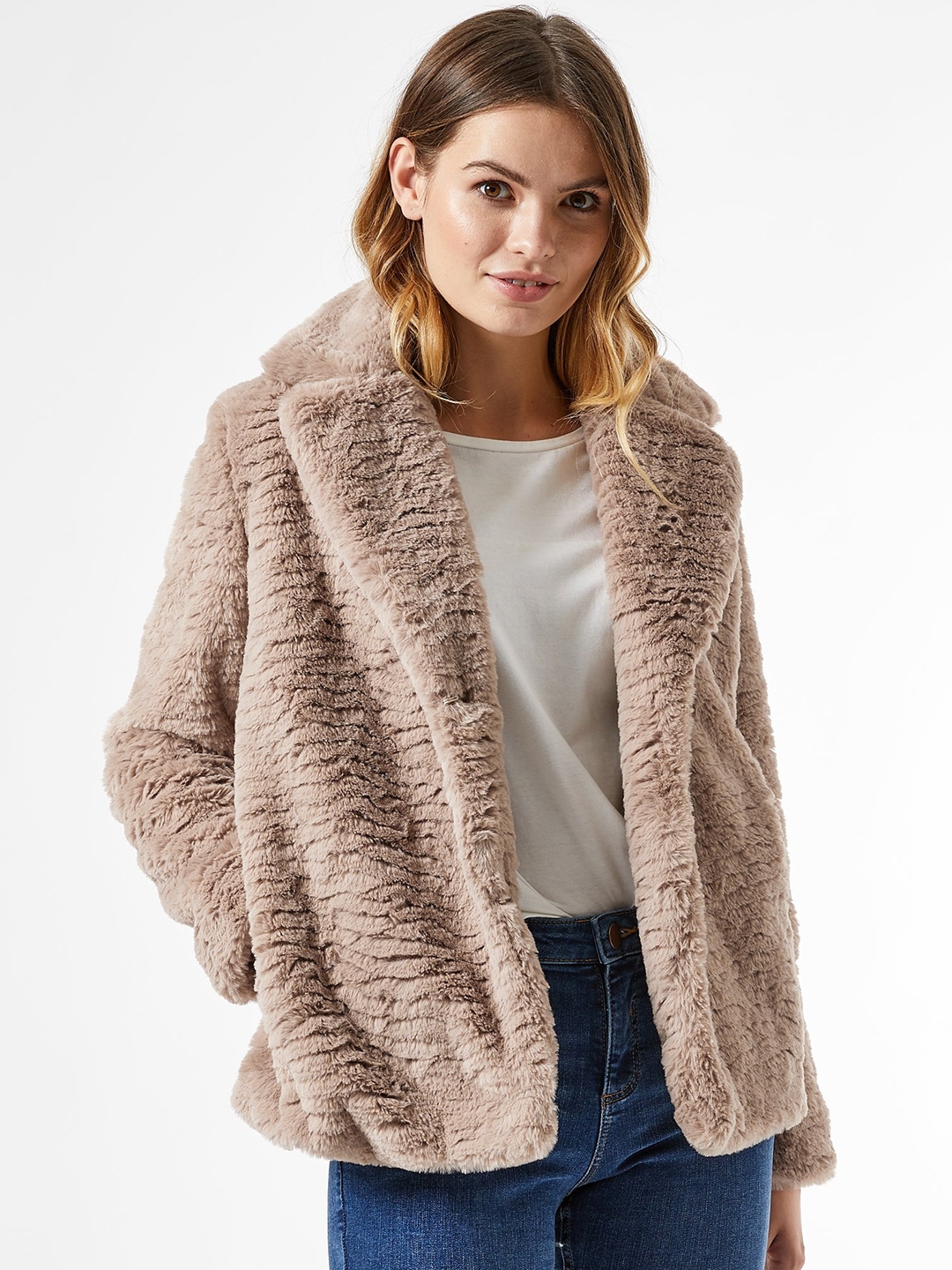 Buy DOROTHY PERKINS Women Beige Solid Faux Fur Coat - Coats for Women ...