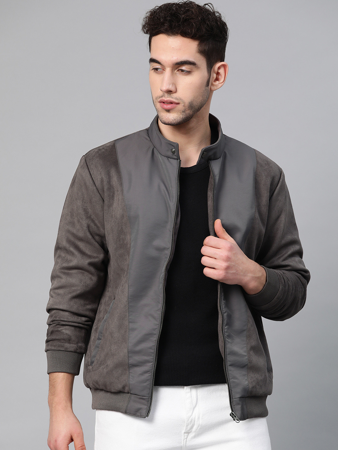 Buy Park Avenue Men Grey Solid Suede Finish Bomber Jacket Jackets for