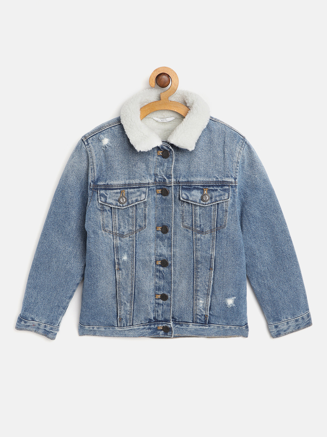 Buy Marks & Spencer Girls Blue Washed Denim Jacket With Faux Fur Trim