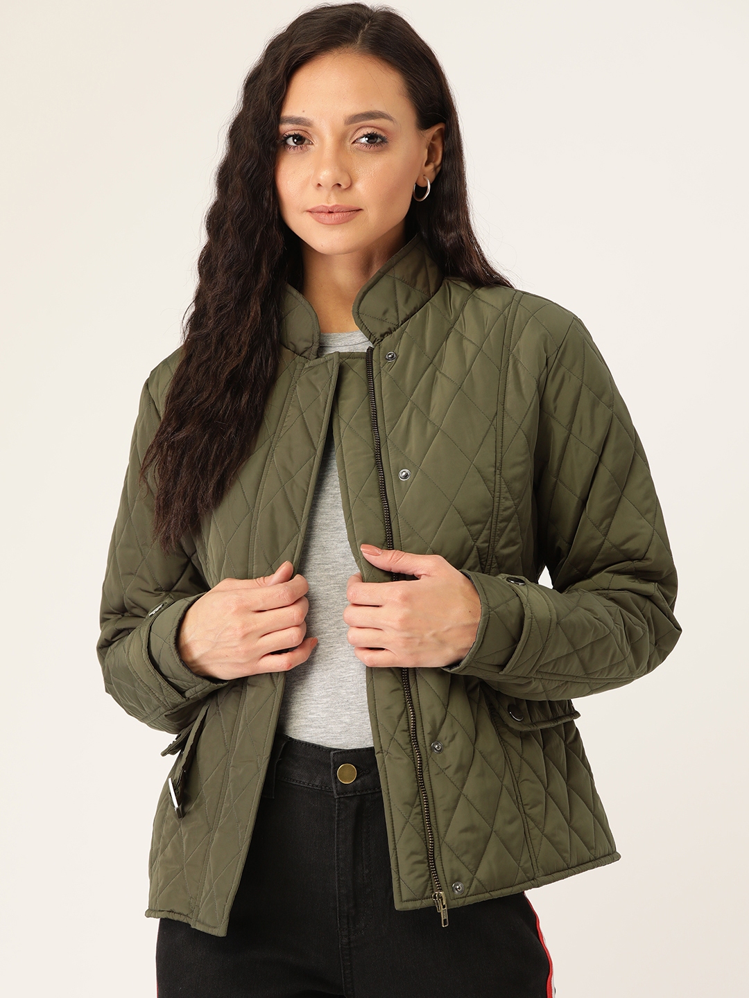 Buy 20Dresses Women Olive Green Solid Quilted Jacket With Belt - Jackets for Women 12847166 | Myntra