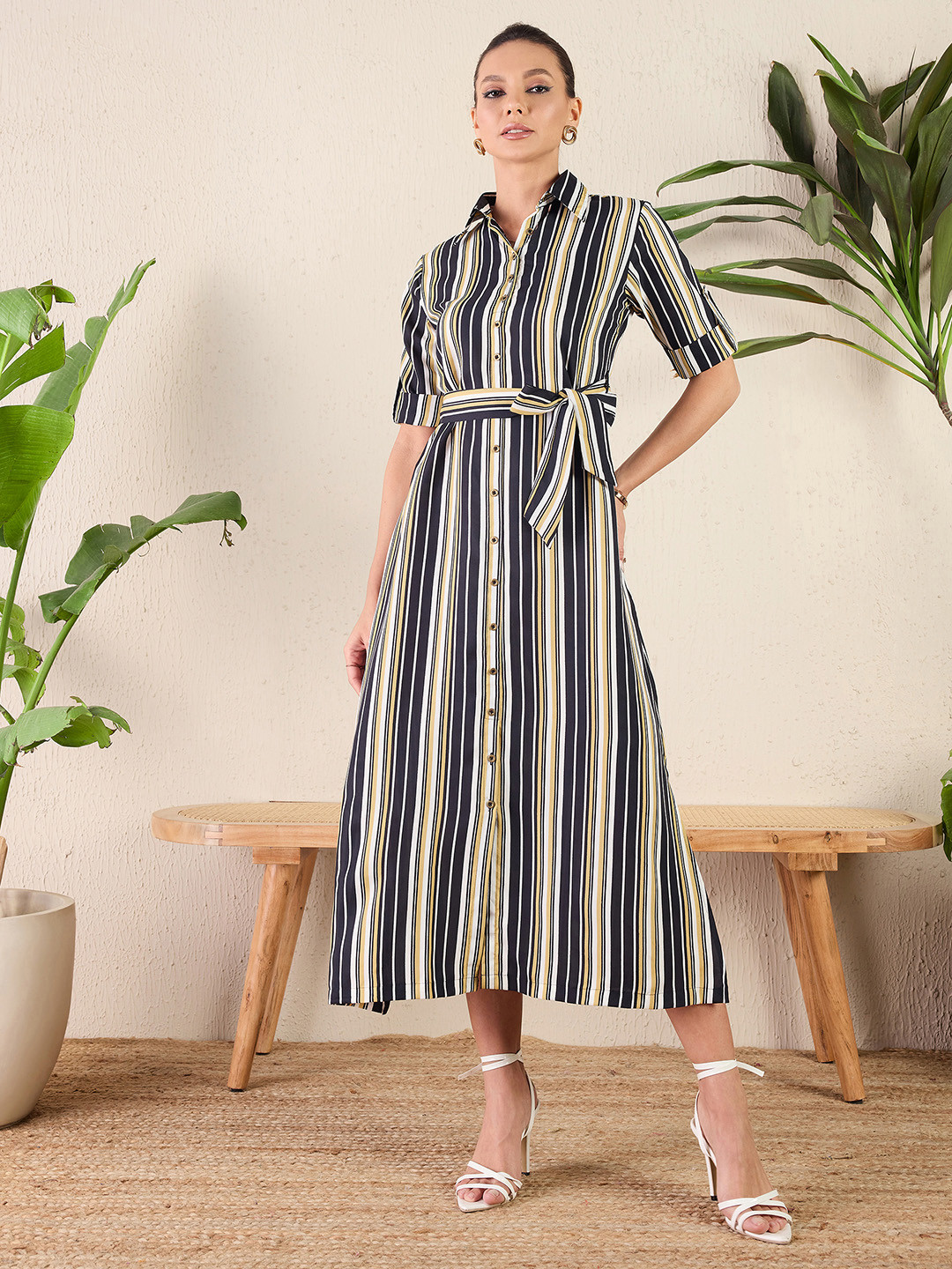 Cloud Nine Button Down Pointed Collar Self Tie Maxi Dress main image 1