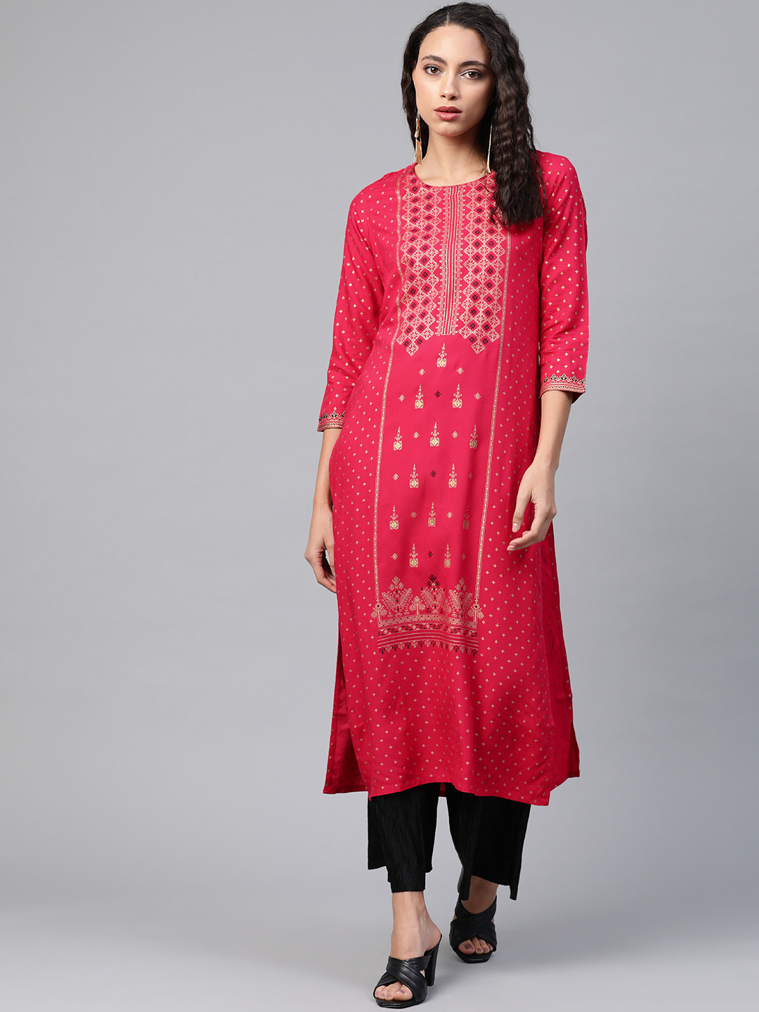 Women'S Purple & Golden Block Print Straight Kurta main image 1