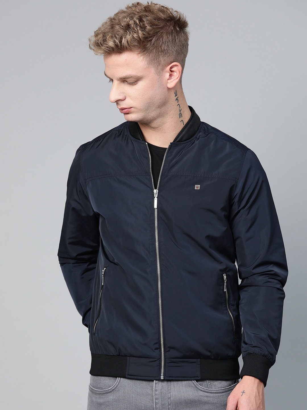 Buy Louis Philippe Jeans Men Navy Blue Solid Bomber Jacket - Jackets ...