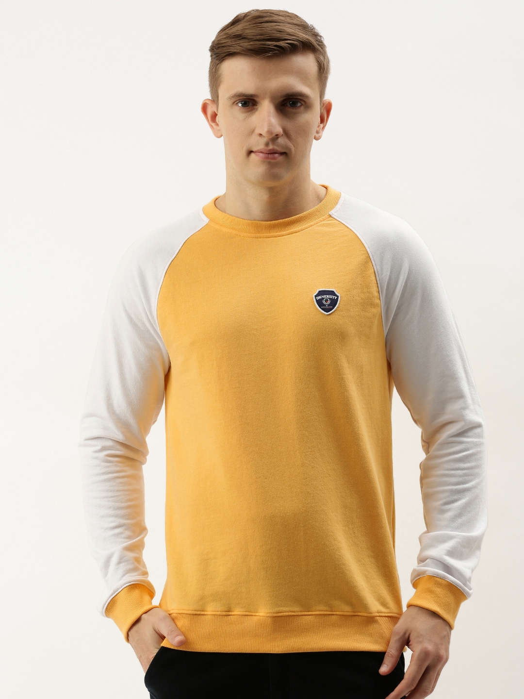 Buy PETER ENGLAND UNIVERSITY Men Yellow & Light Grey Colourblocked