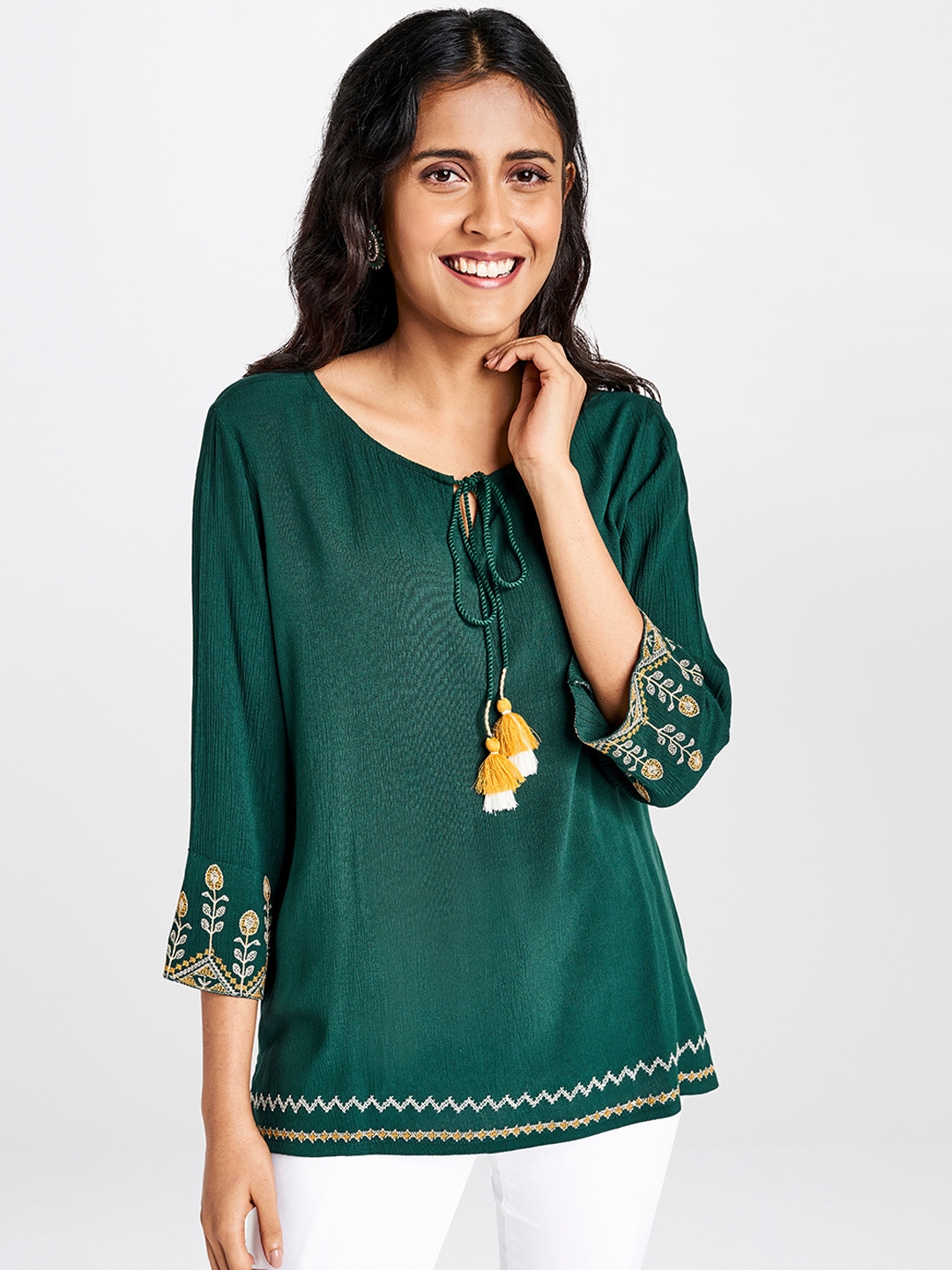 Buy Global Desi Women Green Solid Longline Top With Embroidery - Tops ...