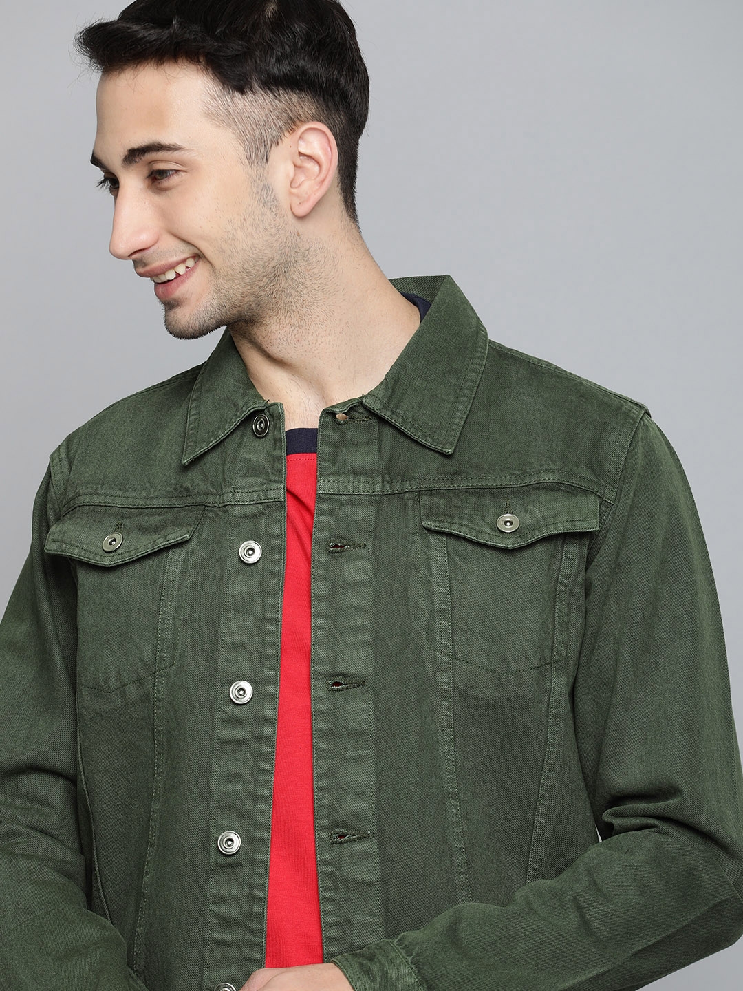 Buy Harvard Men Olive Green Solid Denim Jacket - Jackets for Men ...