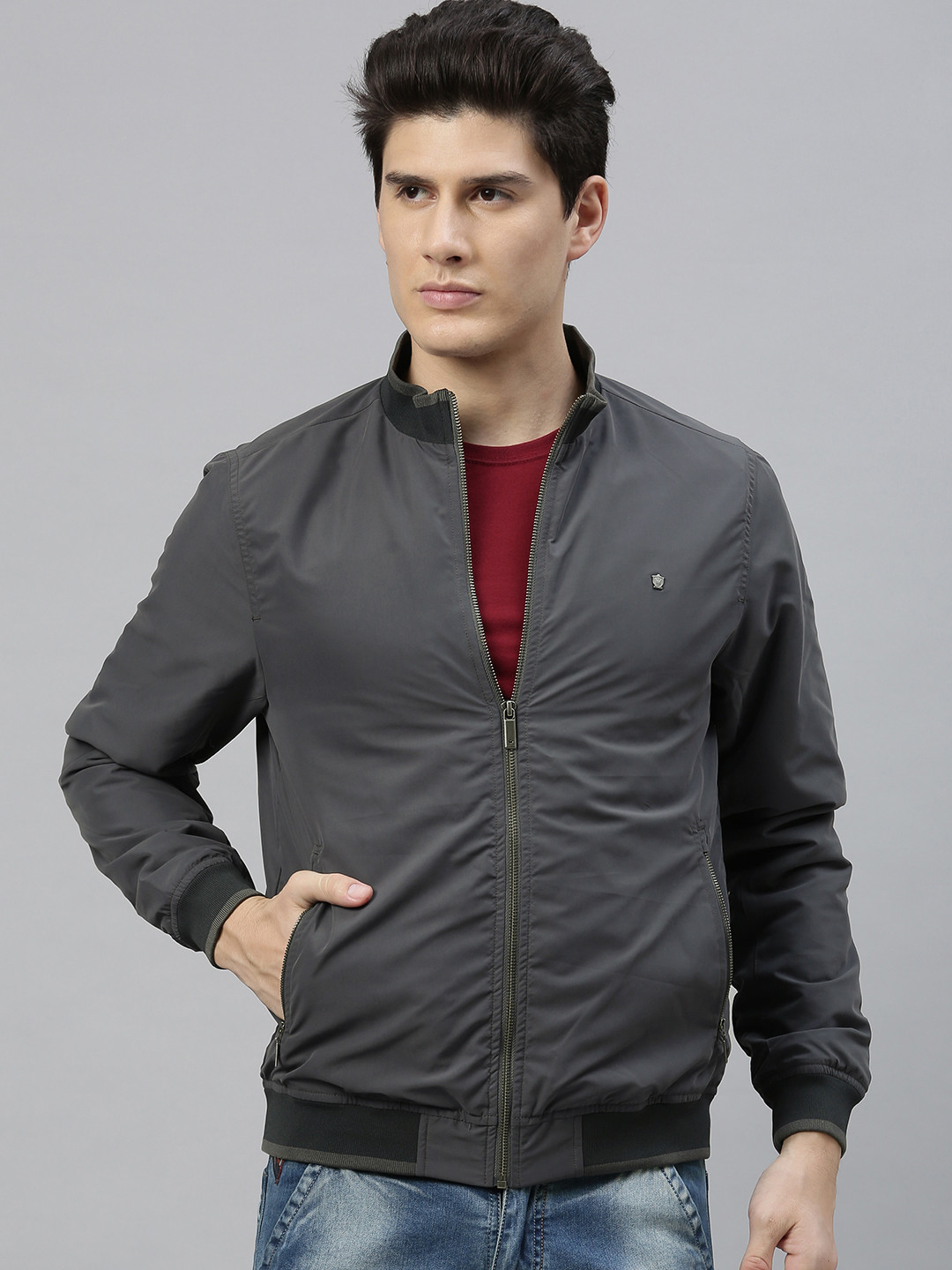 Buy Louis Philippe Men Grey Bomber Jacket Jackets for Men 12853708