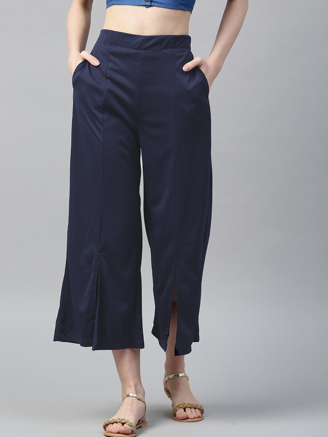 Buy I AM FOR YOU Women Navy Blue Solid Flared Palazzos - Palazzos for ...