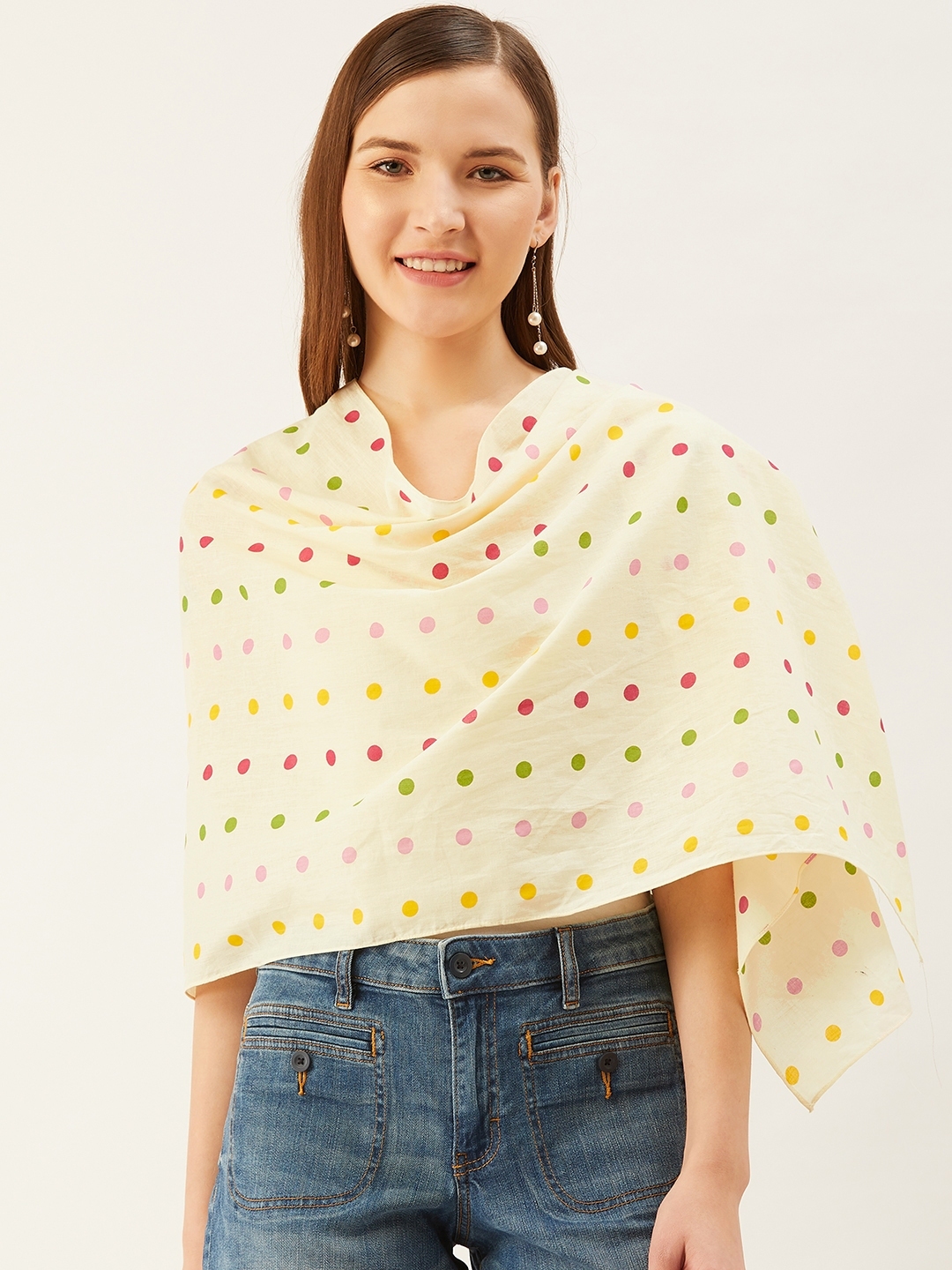 Buy Trend Arrest Women Cream Coloured & Red Polka Dot Print Scarf