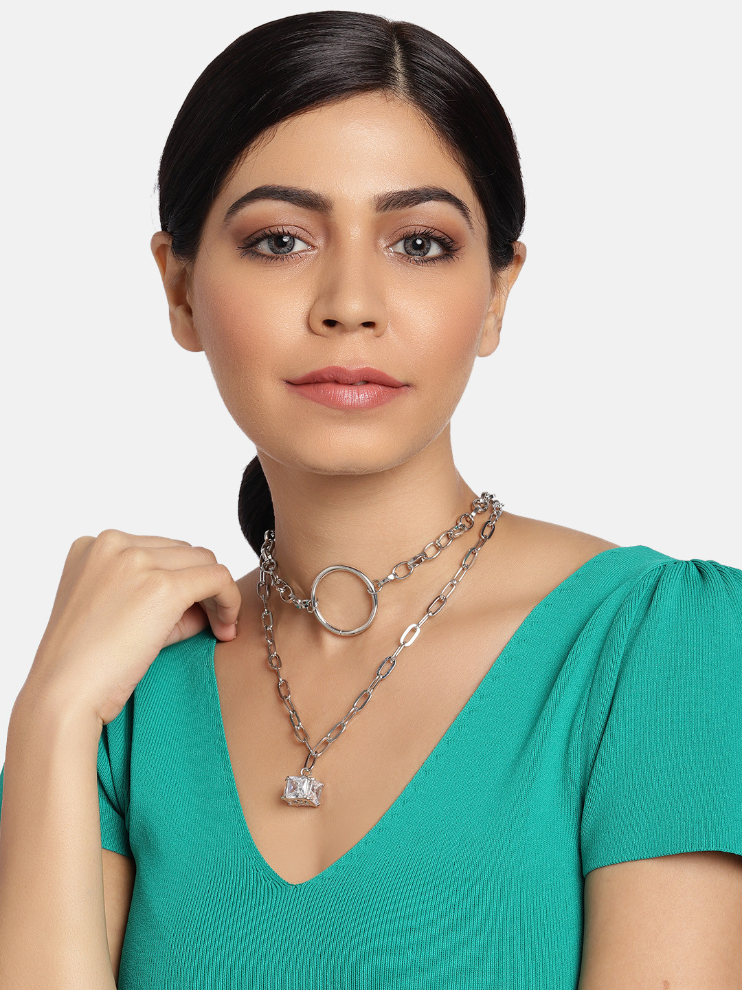 Buy Ayesha Set Of 2 Silver Plated Contemporary Design Necklaces