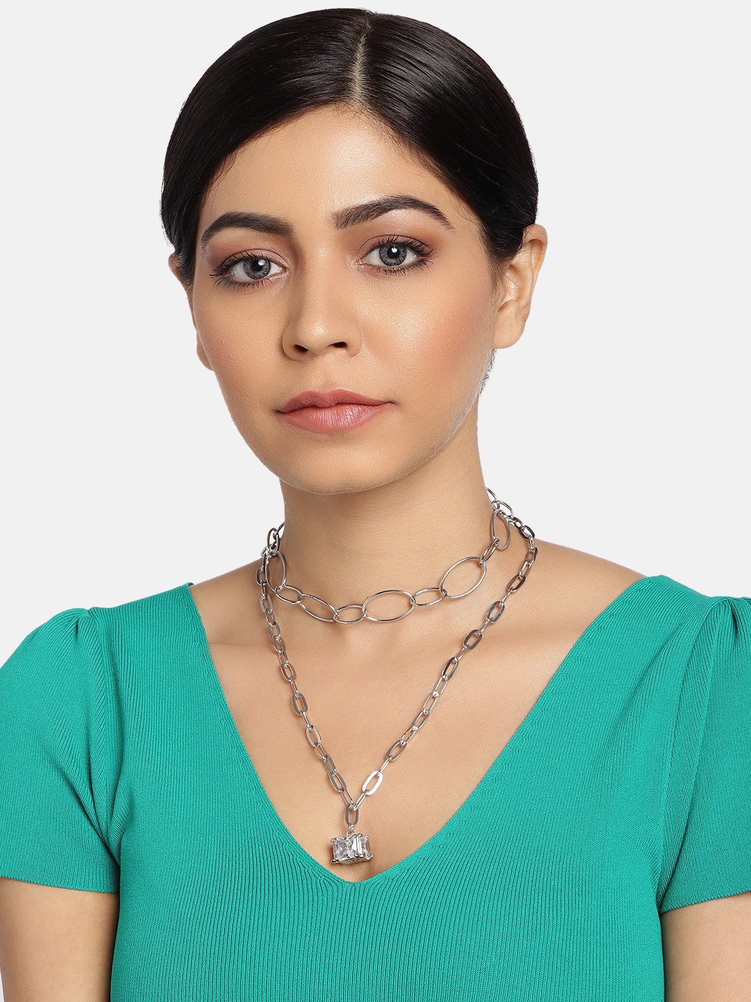 Buy Ayesha Set Of 2 Silver Plated Contemporary Design Necklaces