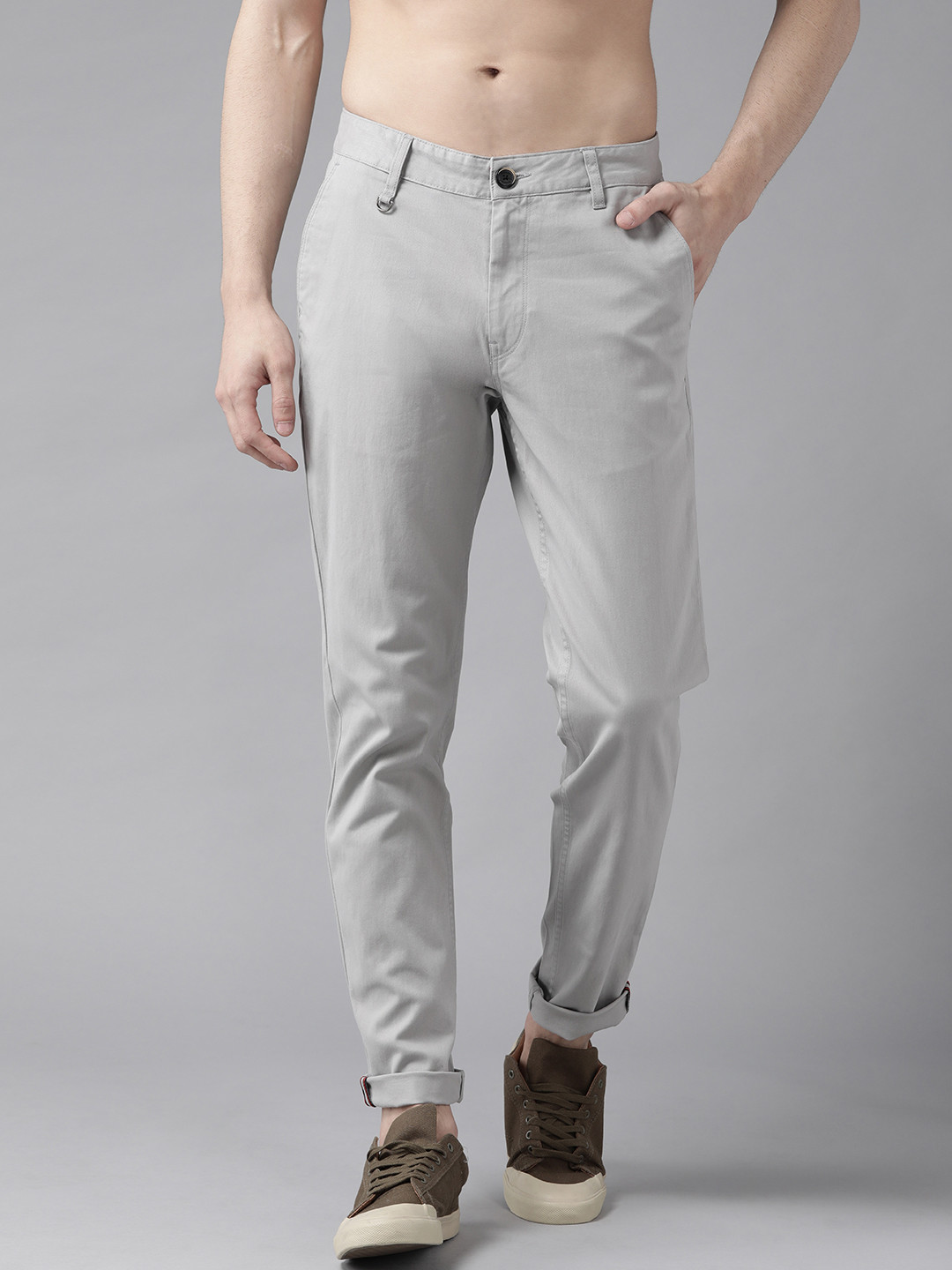 Buy Roadster Men Grey Slim Fit Solid Chinos - Trousers for Men 12879604 ...