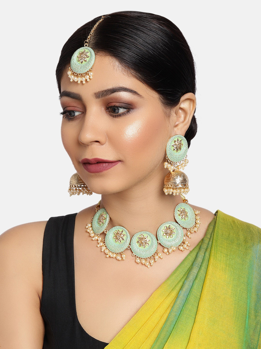 Buy Zaveri Pearls Mint Green Gold Plated Enamelled Jewellery Set
