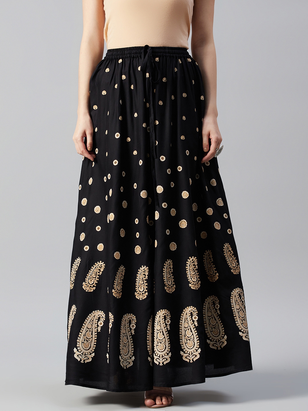 Buy Anayna Women Black & Beige Ethnic Motifs Print Flared Maxi Skirt ...